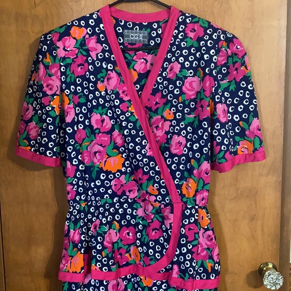 Vintage Navy And Pink Flower Print Dress Sz 12 - Picture 2 of 10